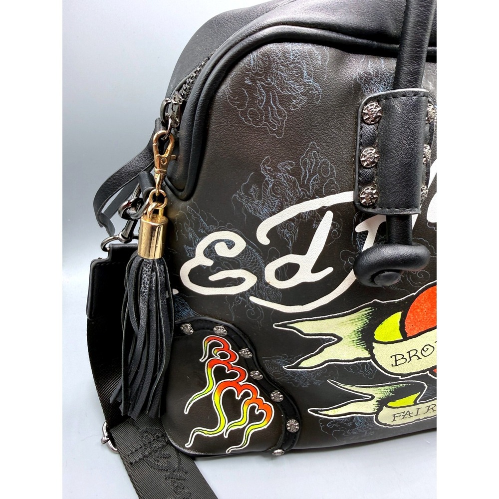 Ed Hardy Black Tattoo Satchel Broken Hearts Fairytales Crossbody Bag Studded - Picture 9 of 16
